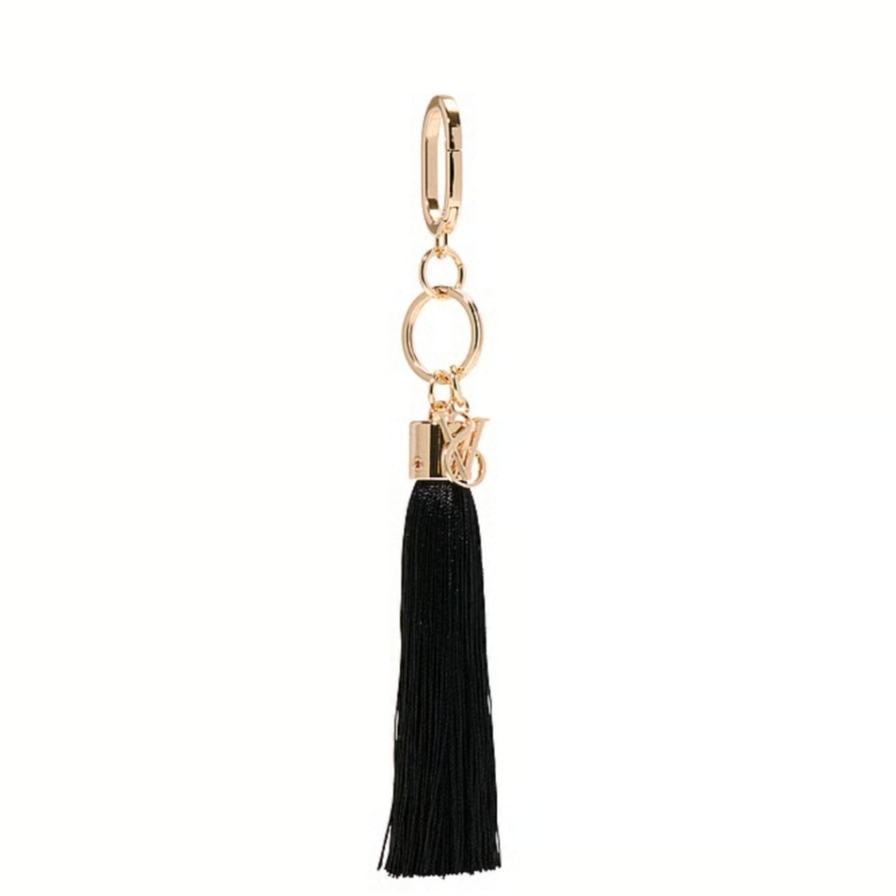 Victoria's Secret Black and Gold Tassel Bag Charm Purse Logo VS Keychain NWT
